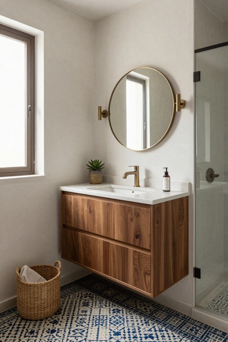 Modern bathroom interior with floating wooden vanity, white quartz countertop, gold faucet and mirror, potted succulent, soap bottle, woven basket, and blue-and-white patterned tile floor next to a glass shower enclosure.