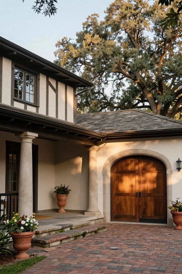 Two-story beige stucco house with dark timber framing on upper level, arched wooden garage door in stucco archway with stone columns, potted plants, brick paver driveway, and large oak trees nearby.