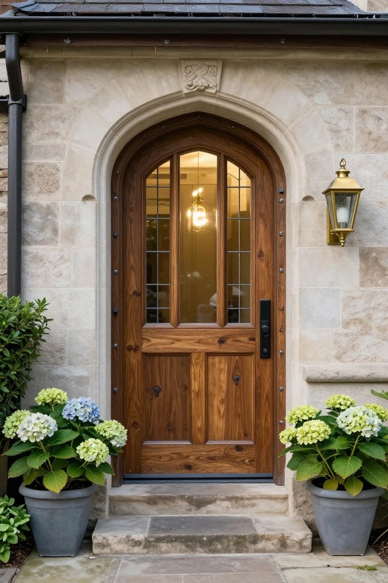 Beige stone arched entryway with dark wood double door featuring vertical glass panels and black handle, flanked by two gray pots of blue and green hydrangeas, lit by a gold lantern on the right.