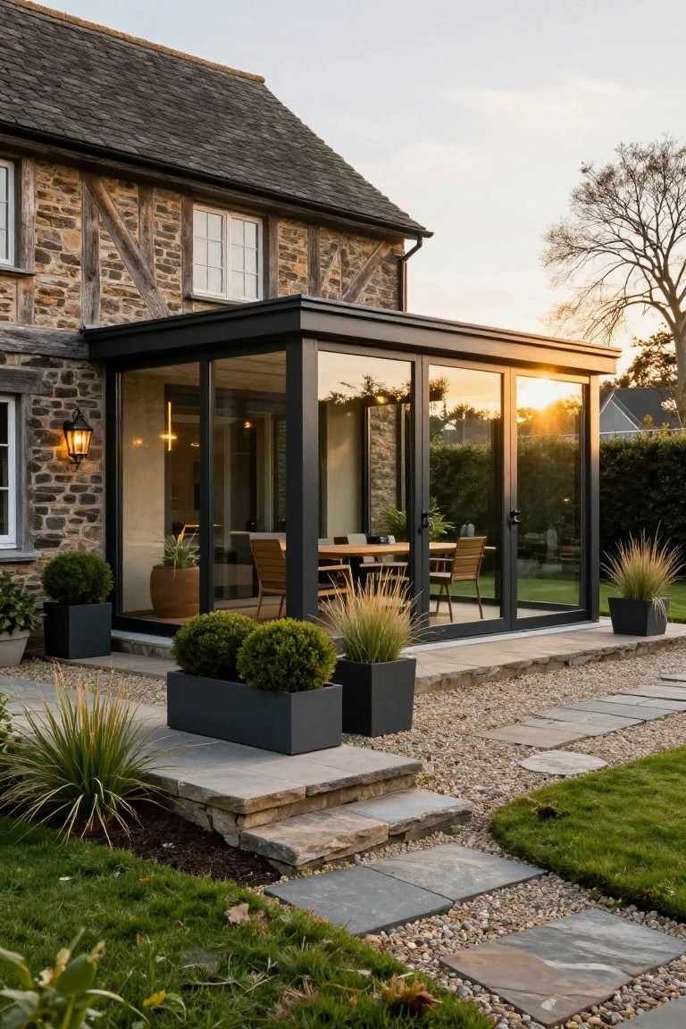 Stone Tudor house with black-framed glass conservatory extension containing a dining table and chairs, flanked by potted plants, gravel path, stone steps, and lawn at sunset.