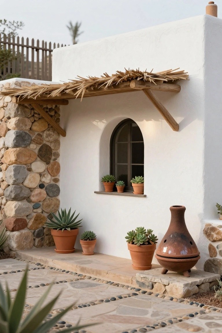 White stucco hacienda exterior wall with natural stone base, arched window holding potted succulents, potted agave and other plants nearby, terracotta fire pot on stone patio, thatched overhang, and pebbled pathway.
