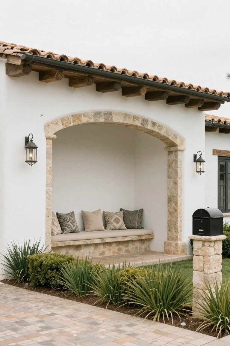 White stucco hacienda-style house exterior with a stone-arched niche containing a cushioned bench, flanked by wall lanterns, a black mailbox on a stone pedestal, and low plants along a paver driveway.