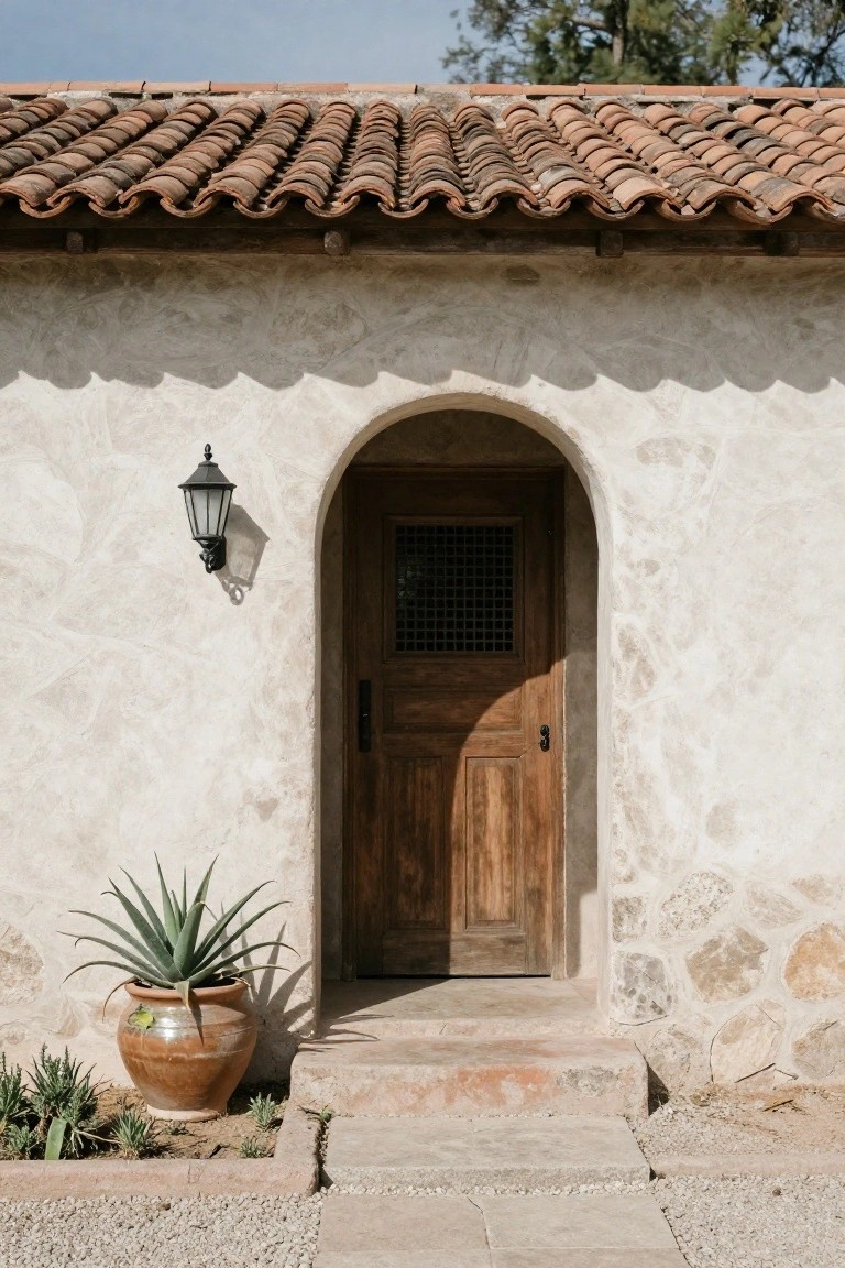 Arched wooden entry door with metal grille inset on beige stucco hacienda wall, black lantern light mounted beside arch, large terracotta pot with agave plant nearby, terracotta tile roof above, stone steps and gravel path in front.