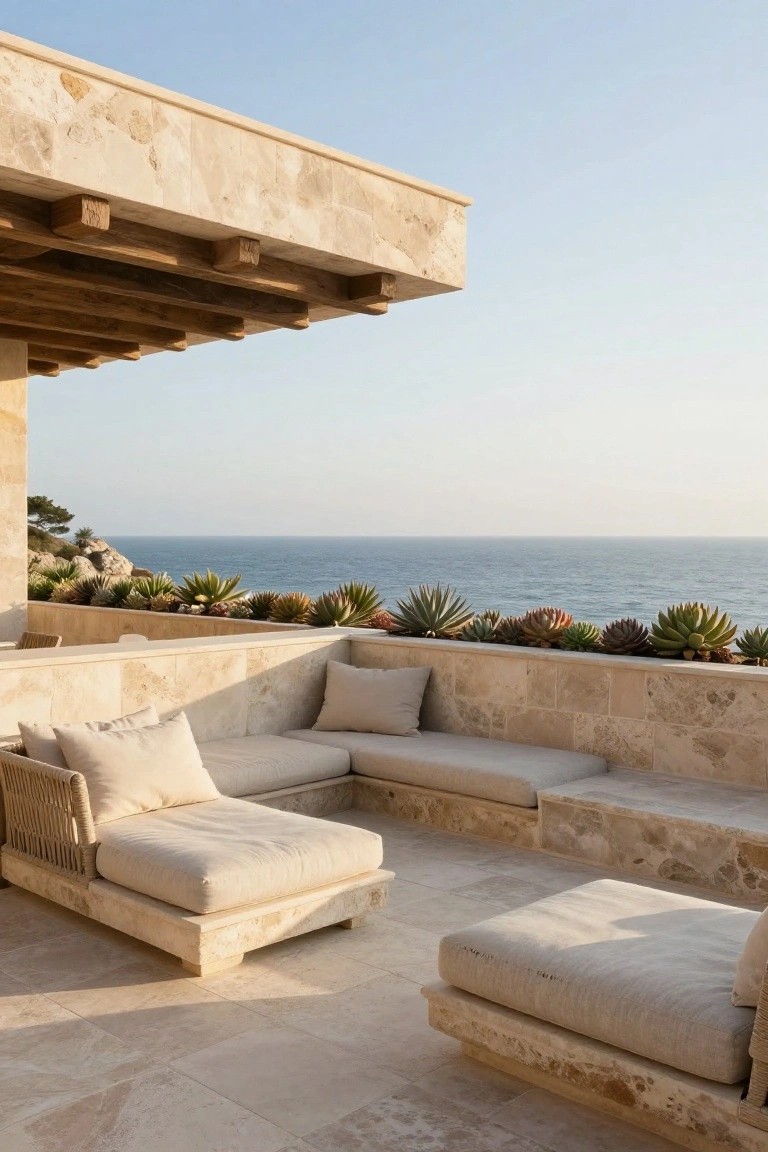 Outdoor terrace with low built-in beige stone benches topped with white cushions, succulents along the ledge, wooden beam ceiling, and ocean view beyond stone walls.