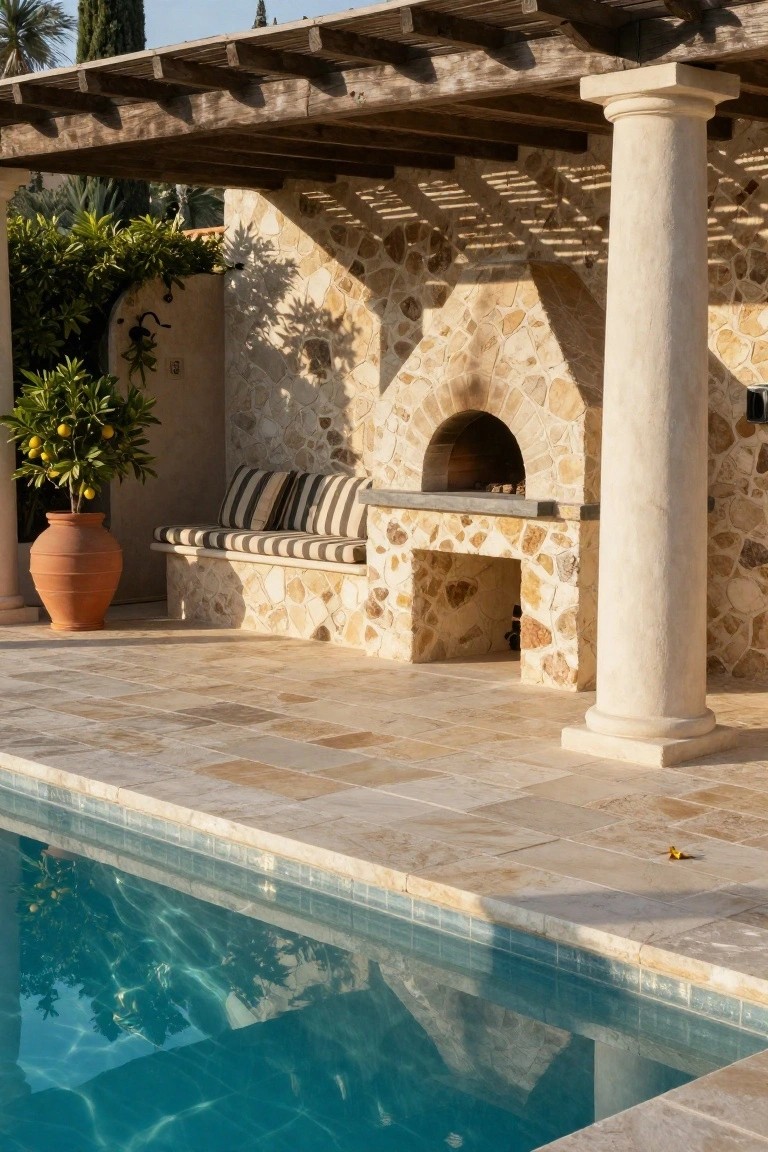 Stone pizza oven with bench beside sunny pool patio.