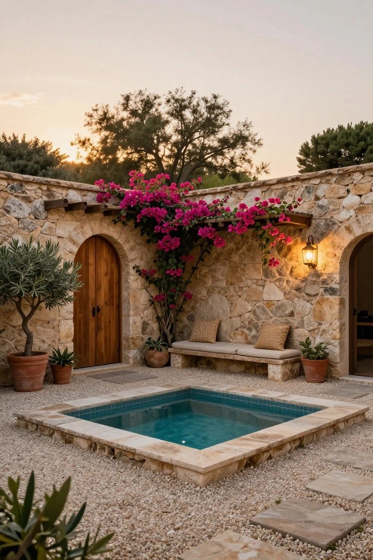 Stone courtyard with small square turquoise-tiled plunge pool centered in gravel, built-in bench with cushions under pink bougainvillea on arched walls, wooden doors, potted plants, and trees in background at sunset.