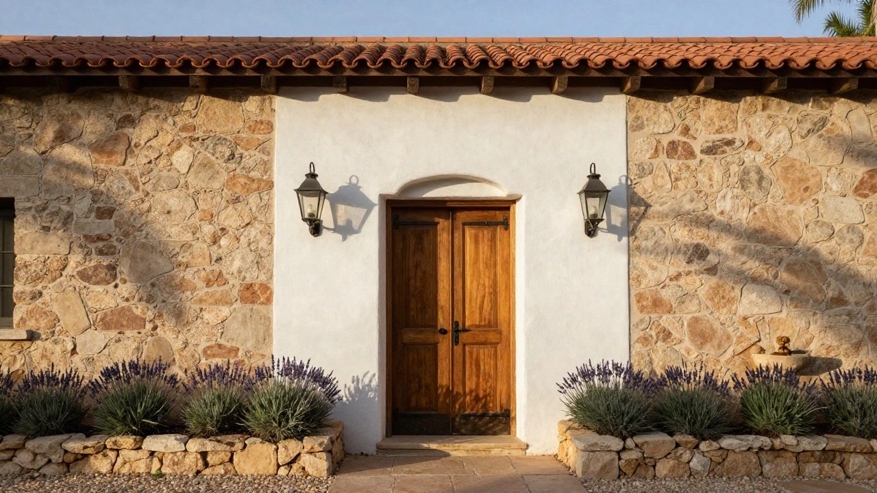 Hacienda-style house exterior featuring a wooden double door entry with iron hardware, flanked by lanterns on stucco walls with stone base, potted lavender plant, and stone fountain nearby.