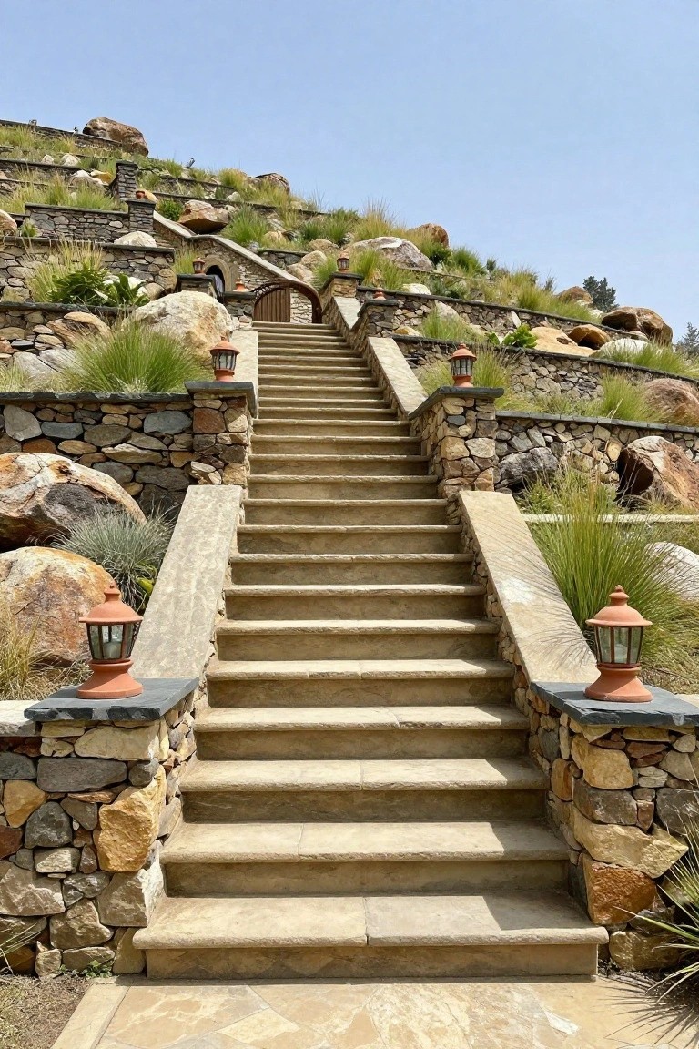 Wide beige stone staircase with stone retaining walls and terracotta lanterns ascends a rocky hillside planted with grasses toward a small wooden arched door built into the hill.