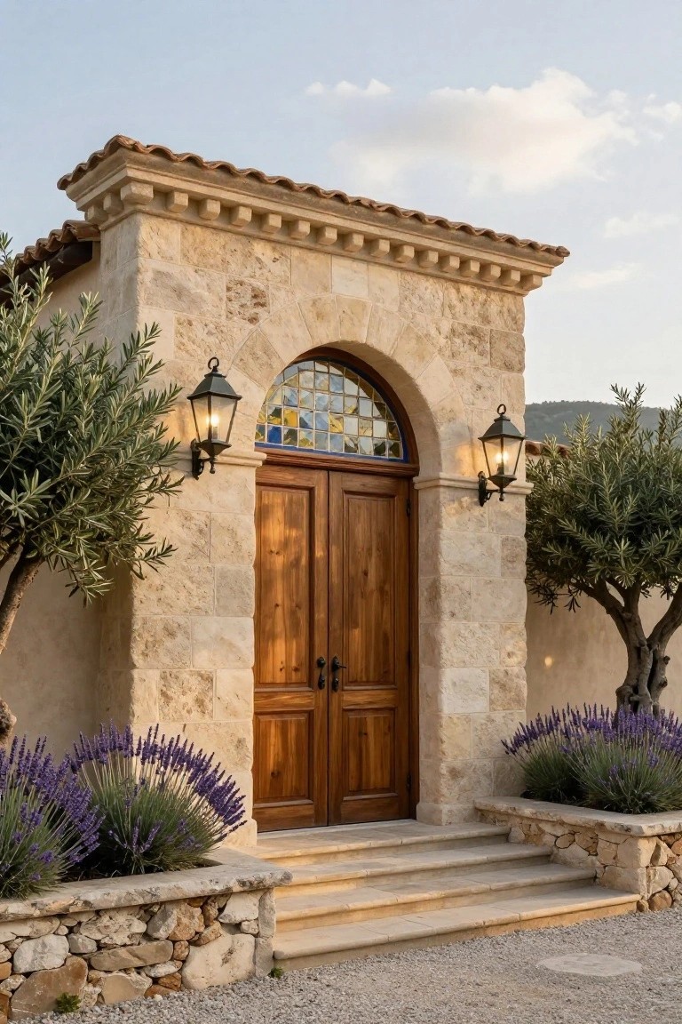 Stone archway entrance of a hacienda-style home featuring wooden double doors, stained glass fanlight window, lanterns, olive trees, lavender plantings, and stone steps leading to a gravel area.