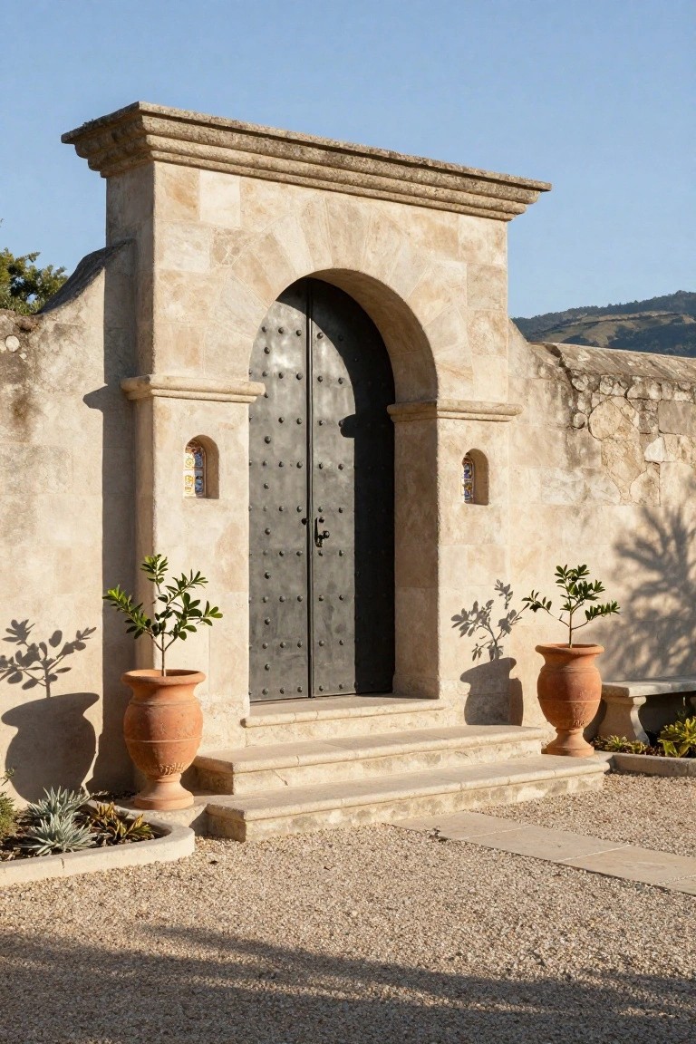 Beige stone arched entryway with double black iron-studded doors, flanked by stucco walls with niches, terracotta pots holding olive trees, stone steps, and gravel ground in front of a hacienda-style building.