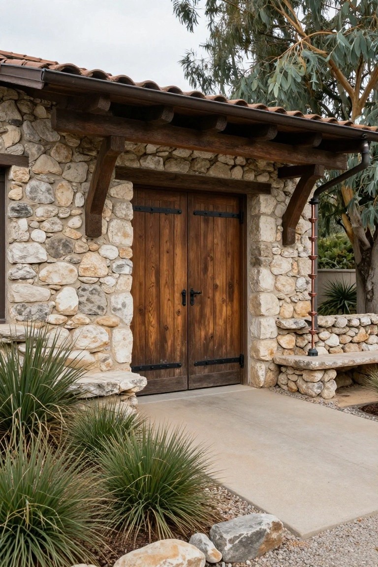 Stone hacienda-style building exterior with double dark wooden doors, timber beam overhang, terracotta tile roof, copper downspout, stone bench, yucca plants, and gravel ground cover on a concrete pad.