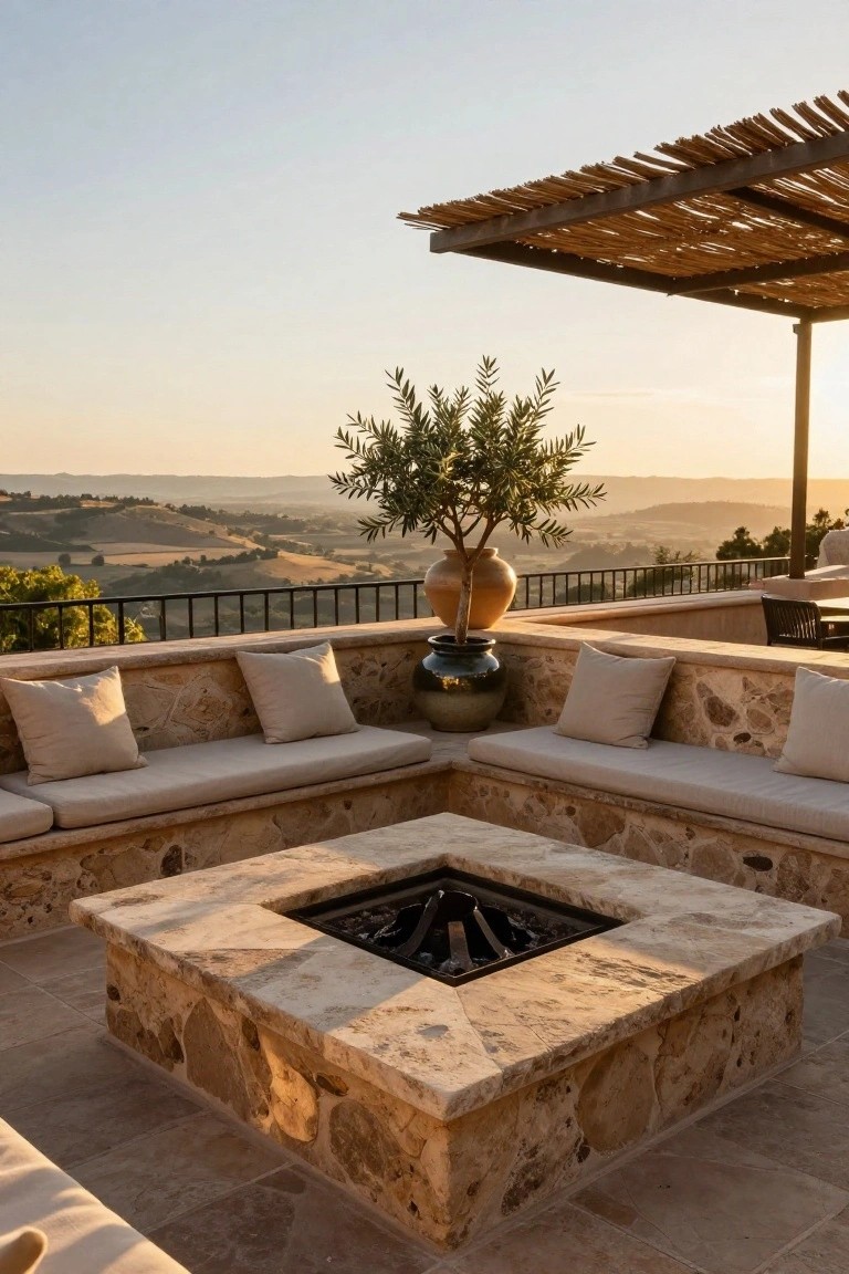 Outdoor terrace with beige cushioned built-in stone benches surrounding a square stone fire pit, potted olive trees nearby, thatched shade structure overhead, black metal railing, and view of rolling hills at sunset.