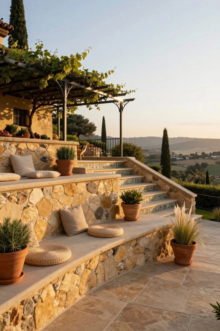 Stone terraced steps with beige cushions, woven round stools, potted plants including grasses and succulents, beside a beige house wall under a vine-covered metal pergola, with hills in the background at sunset.