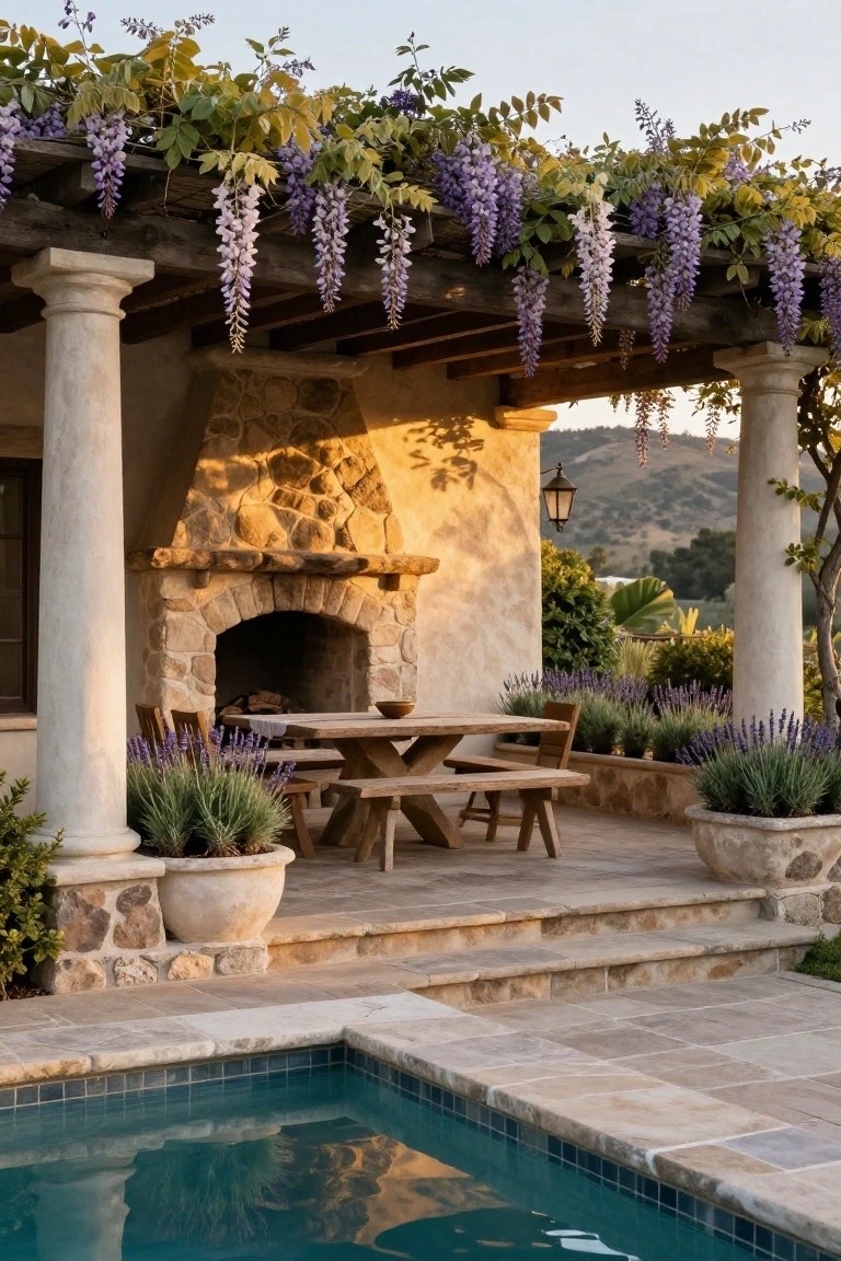 Outdoor hacienda-style patio with wooden pergola draped in purple wisteria supported by stone columns, rustic stone fireplace, wooden picnic table and benches, lavender plantings in beds and pots, and edge of turquoise pool on stone-tiled deck.