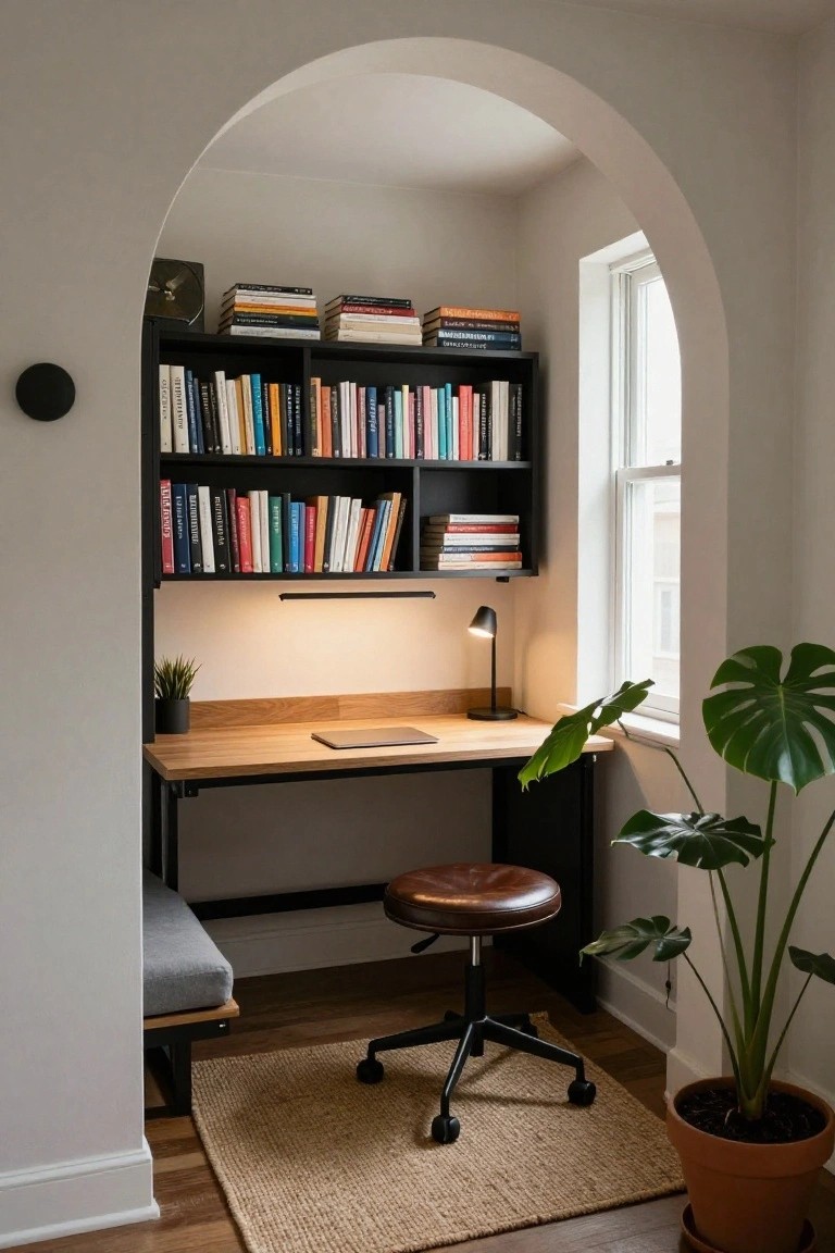 Arched alcove interior with black metal bookshelves above a wooden desk, desk lamp, monstera plant on the desk edge, leather stool, and seagrass rug on hardwood floor.