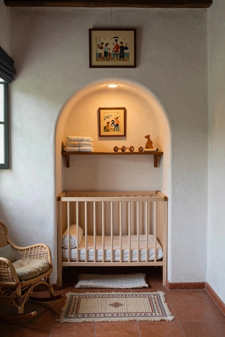 Hacienda-style nursery interior with whitewashed walls, wooden crib with mattress and pillow, rattan rocking chair, arched niche shelf holding stacked towels and wooden toys, and small framed artworks.