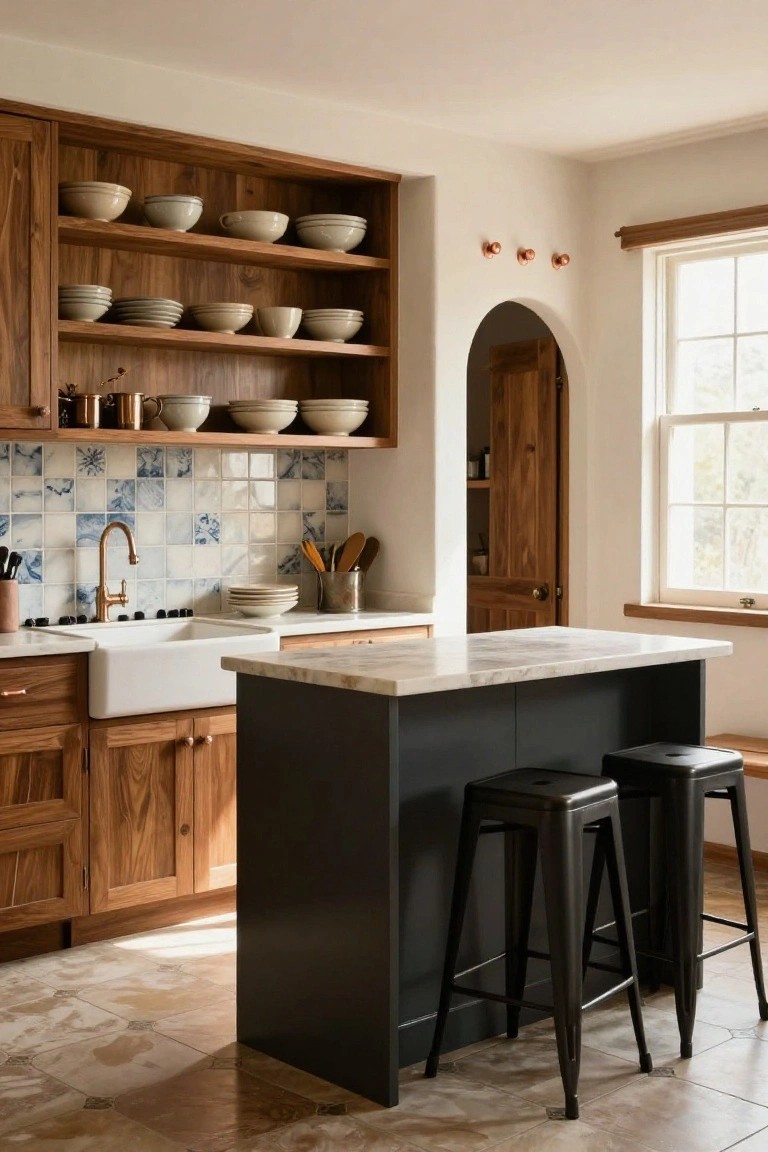 Kitchen interior with open walnut wood shelving stacked with white bowls, blue patterned tile backsplash, brass gooseneck faucet over white farmhouse sink, white marble-look countertop on black center island with two black metal stools, arched wooden doorway, and light terracotta tile floor.