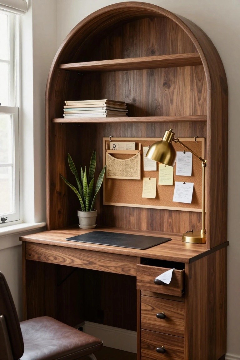 Curved walnut wood built-in desk unit with open shelves holding books, integrated corkboard with notes, gold desk lamp, potted snake plant, leather desk chair, and open drawer in a bright room corner.