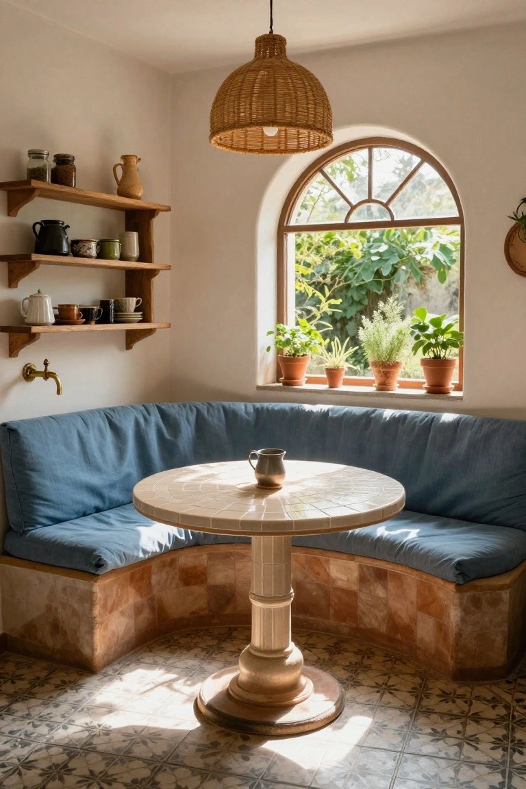 Sunlit hacienda-style kitchen nook with curved built-in blue banquette seating around a round white-tiled pedestal table, wooden wall shelves holding pottery and jars, potted plants on arched window sill, brass wall faucet, and patterned terracotta floor tiles.