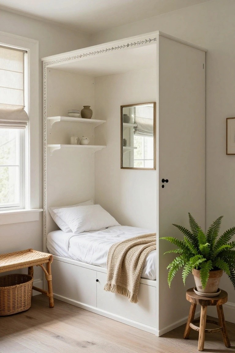 White built-in style cabinet with open single bed inside, shelves holding white cups and a vase, gold-framed mirror on side panel, beside window with plants and stool in bedroom.