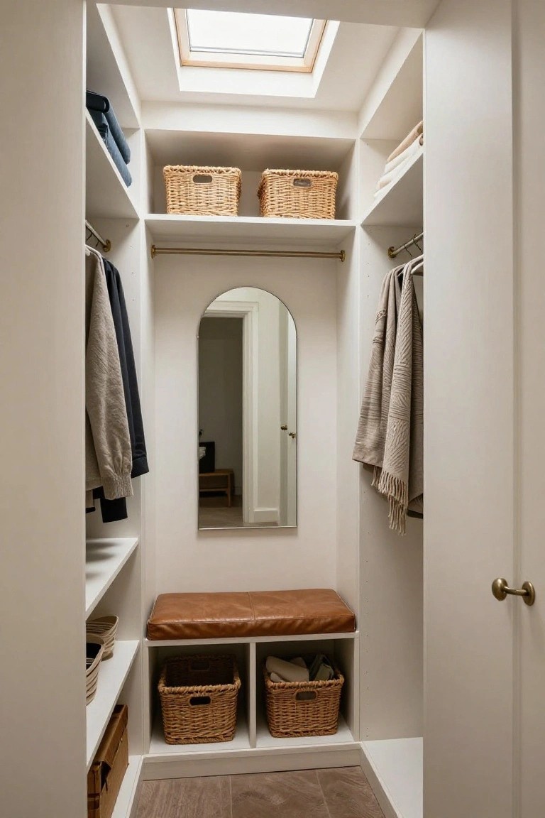 Narrow white walk-in closet with skylight, arched mirror, bench, and woven baskets.