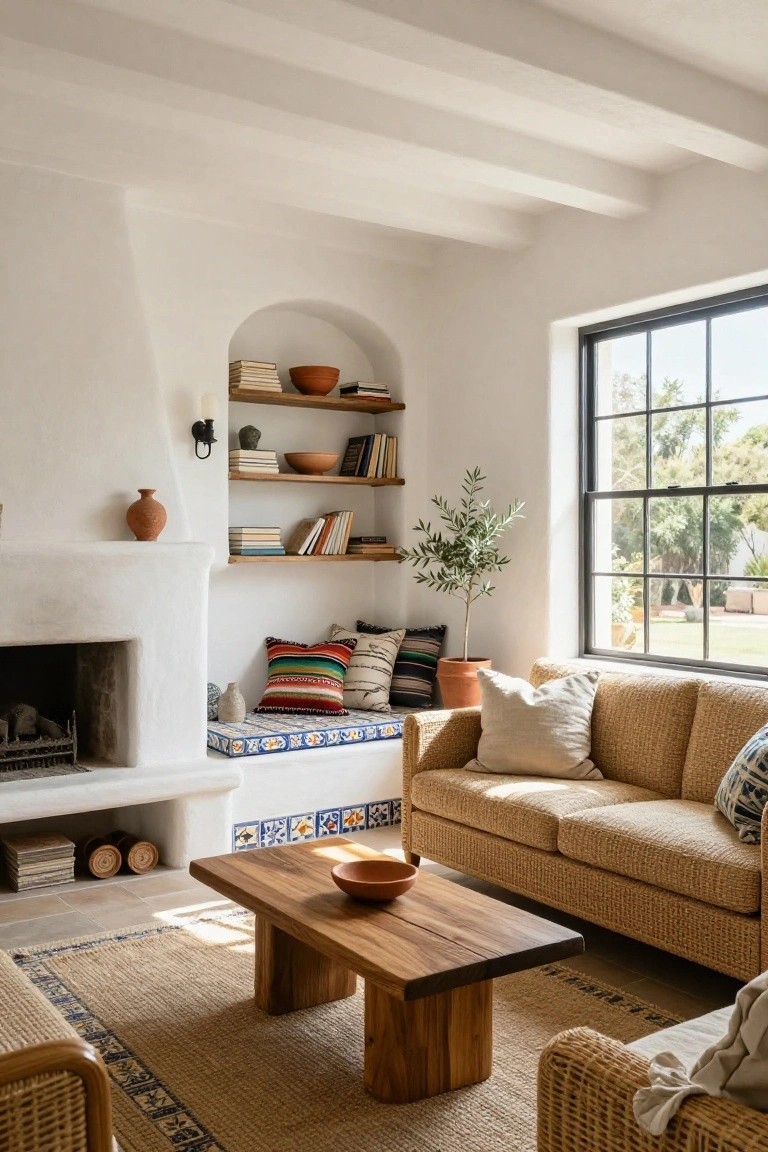 White stucco living room with exposed wood beams, arched niche shelves, fireplace with blue-tiled built-in bench seat piled with colorful pillows, rattan sofa and chairs, wood coffee table on a rug, and large black-framed window overlooking a green yard.