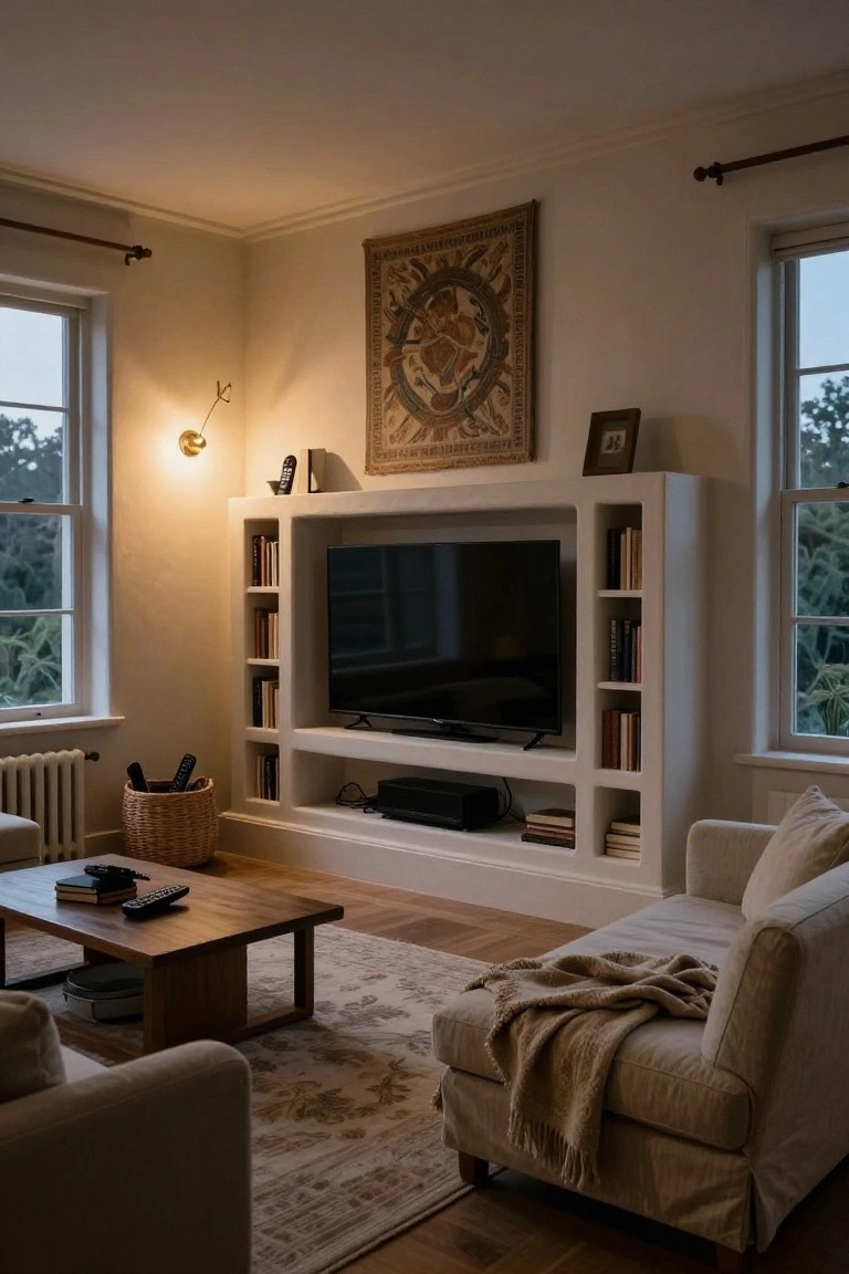 Living room interior with a large TV centered in a white built-in shelving unit flanked by bookshelves, beige sofas around a wooden coffee table, wicker basket holding remotes, and soft light from tall windows.