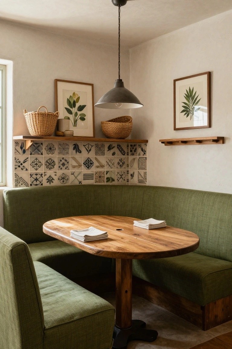 Green upholstered corner booth with round wooden table, white napkins, tiled backsplash with shelves holding baskets and plants, botanical prints on walls, in a light room with window.