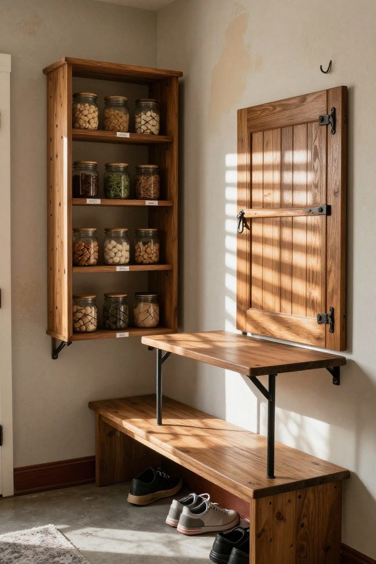 Wooden wall-mounted corner shelving unit holding glass jars of nuts, beans, and snacks, next to a slatted wooden shutter and a bench with shoes stored underneath in a light-filled room corner.