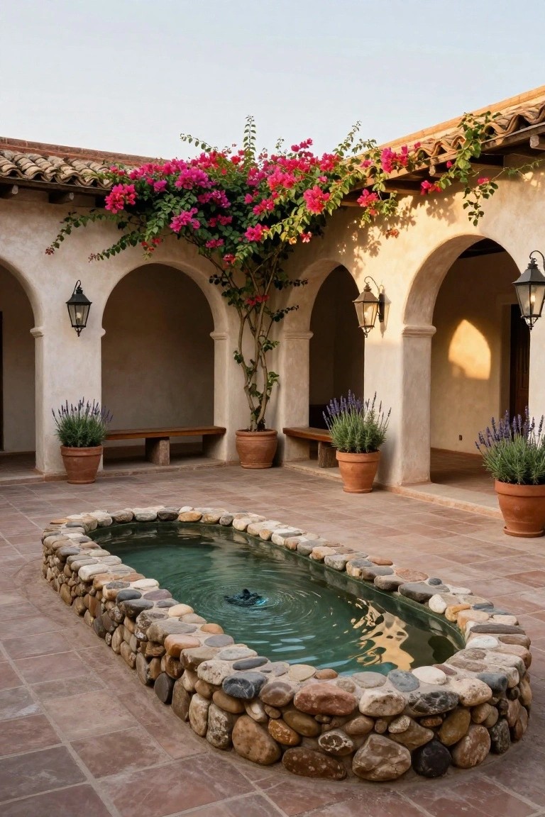 Hacienda-style courtyard with beige stucco arched walls draped in pink bougainvillea vines, potted lavender plants, wooden benches, wall lanterns, terracotta tile floor, and central oval stone-lined pool containing green water with a black duck swimming.