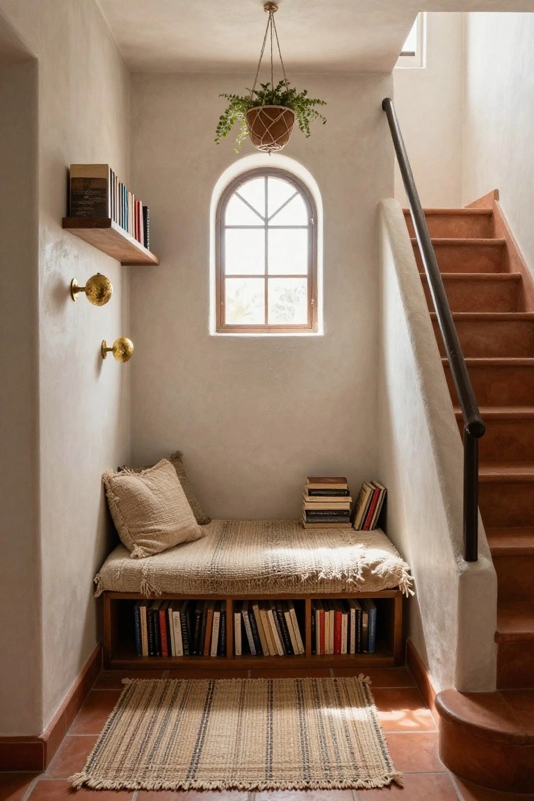 Narrow alcove under wooden stairs with a built-in cushioned bench, open bookshelves integrated below and on walls, a small arched window, hanging plant, and woven rug on terracotta tile floor.