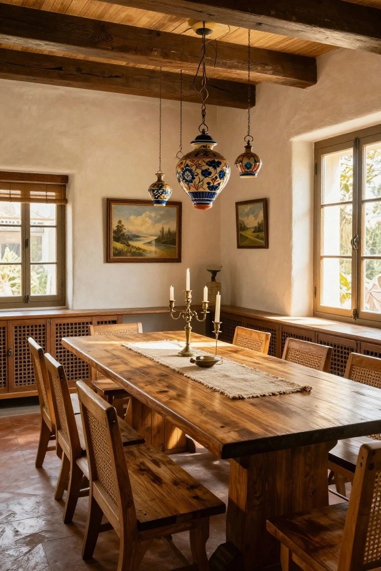 Hacienda-style dining room interior with exposed dark wooden ceiling beams, a long rectangular wooden table with beige runner and brass candelabra, rattan-backed chairs, colorful ceramic pendant lamps, beige stucco walls, wooden cabinets below windows, and terracotta tile floor.