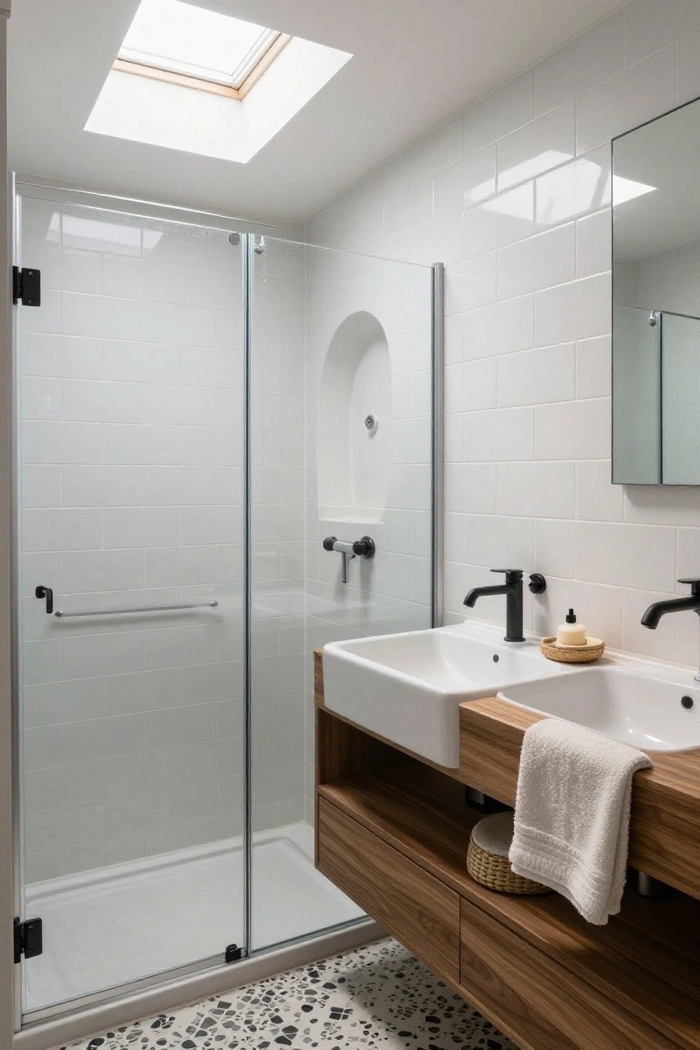 Compact modern bathroom with white subway tile walls, frameless glass shower door, floating wooden vanity holding two white sinks and black faucets, skylight overhead, and black-and-white pebble tile floor.
