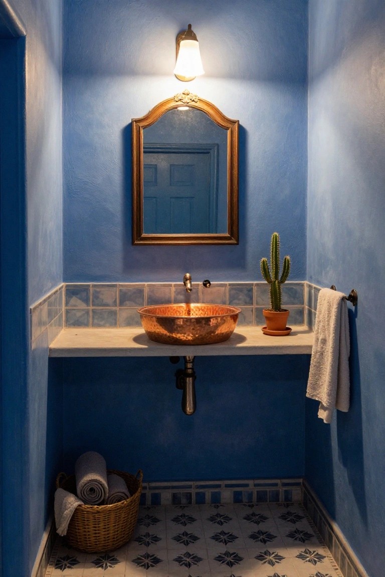 Small bathroom with textured cobalt blue walls, ornate oval mirror above blue door reflection, hammered copper vessel sink on floating white shelf with blue tiles, potted cactus, hanging white towel, and woven basket of rolled towels on star-patterned blue and white floor tiles.