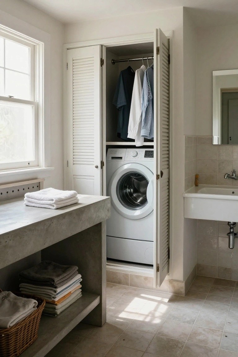White louvered double doors open on a tall closet with hanging clothes above a front-loading washer, beside a concrete counter holding folded towels and a wicker basket, with a sink and window in a tiled bathroom.