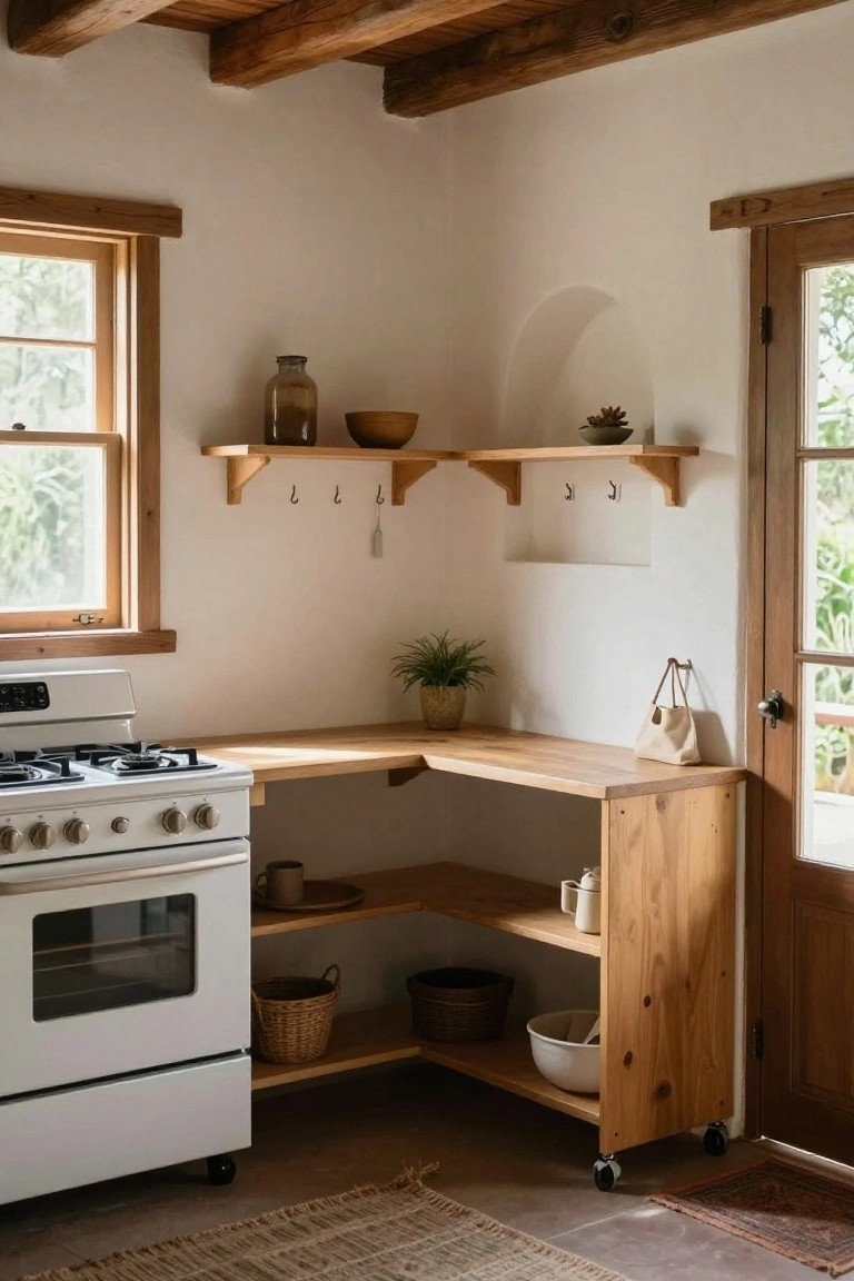 Rustic kitchen with white stove, wooden counters, and open shelving.