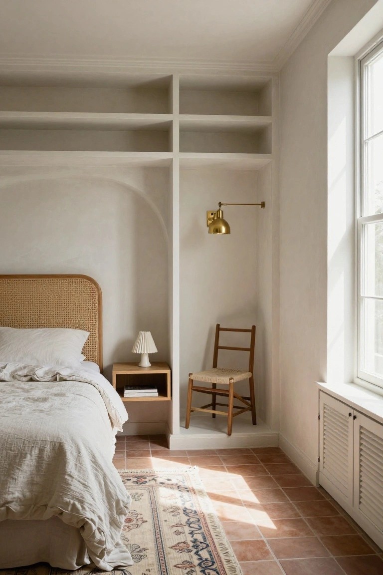 Bedroom interior with rattan headboard bed, open wooden shelving unit along walls including arched niche, wooden chair, nightstand with lamp, terracotta tile floor, Persian rug, and window with shutters.