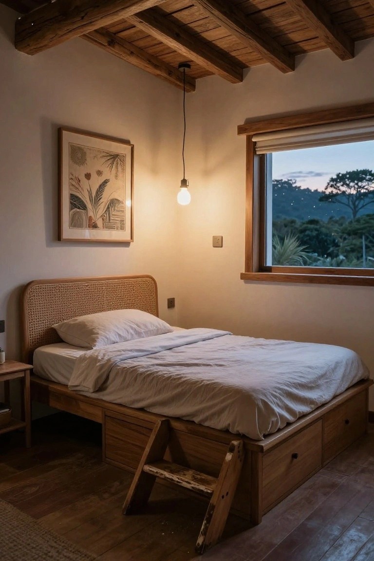 A small bedroom with a raised wooden platform bed featuring rattan headboard, underbed storage drawers, wooden ladder step, large window overlooking forested hills at dusk, and exposed wooden ceiling beams.