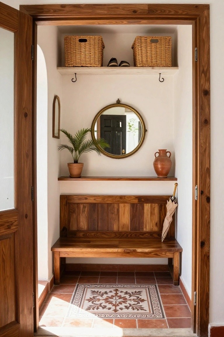 Small interior entryway alcove with wooden bench, upper shelves holding woven baskets and shoes, round brass mirror, potted palm plant, terracotta vase, umbrella on hook, and patterned tile floor with front door open.