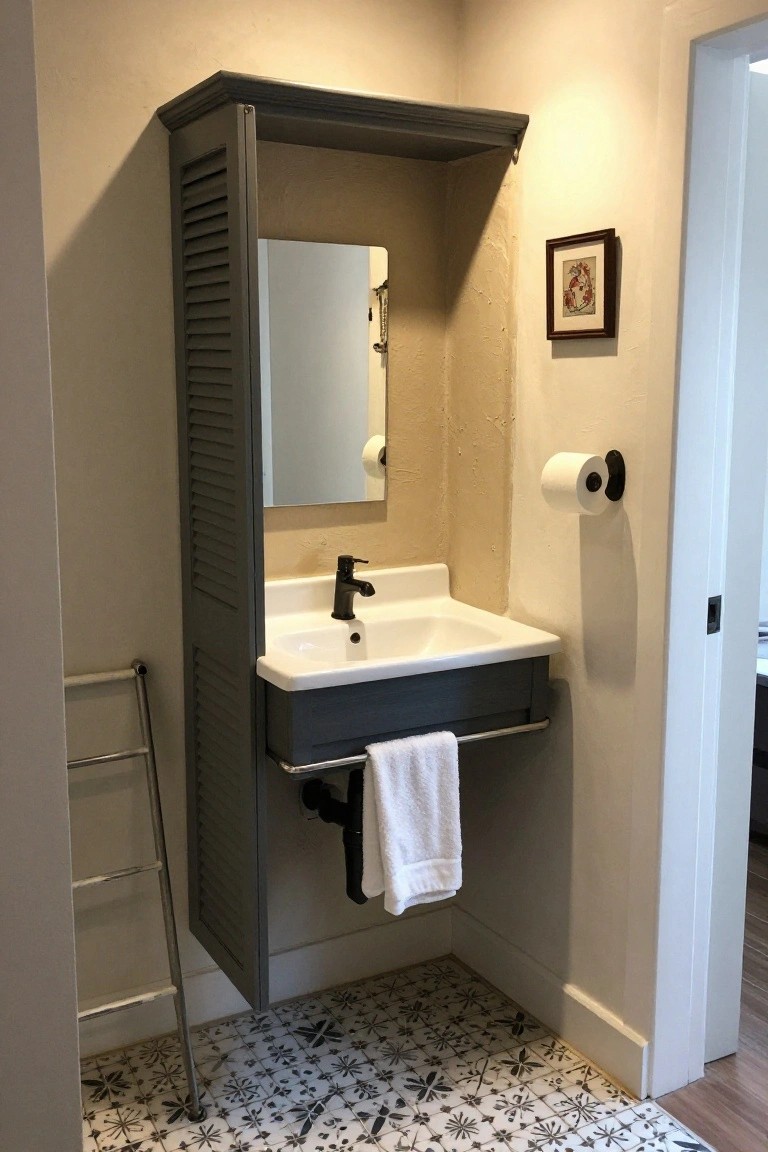 Corner of a small bathroom with tall gray louvered wall cabinet and integrated mirror above wall-mounted white sink with black faucet, metal towel ladder nearby, black toilet paper holder on beige wall, and black-and-white star-patterned floor tiles.