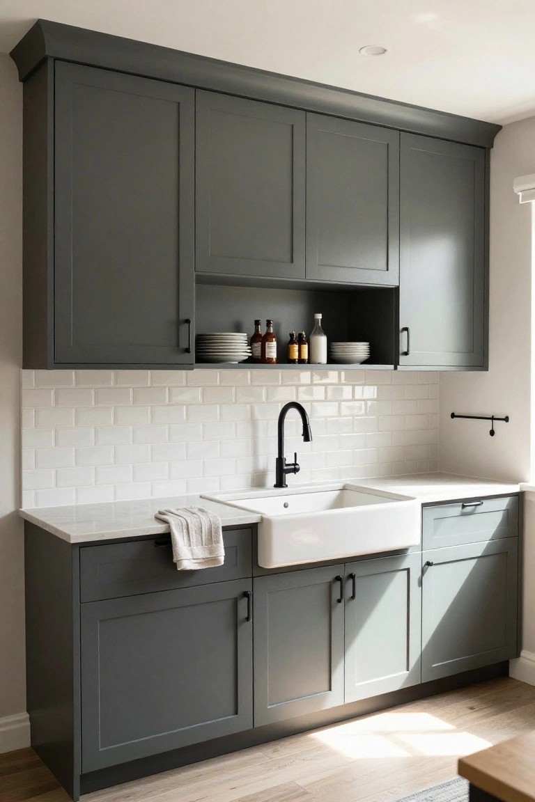 Tall dark gray shaker cabinets in a kitchen with white subway tile backsplash, black gooseneck faucet, white farmhouse sink on quartz countertop, open shelf with dishes and bottles, and wood flooring.