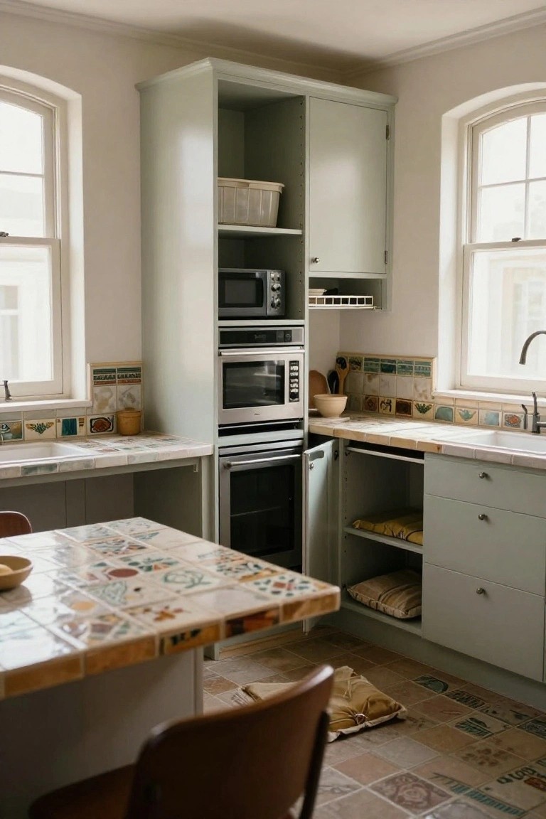 Compact kitchen corner featuring tall sage green cabinets with stacked microwave and oven, colorful patterned tile counters and backsplash, wood chairs, and arched windows.