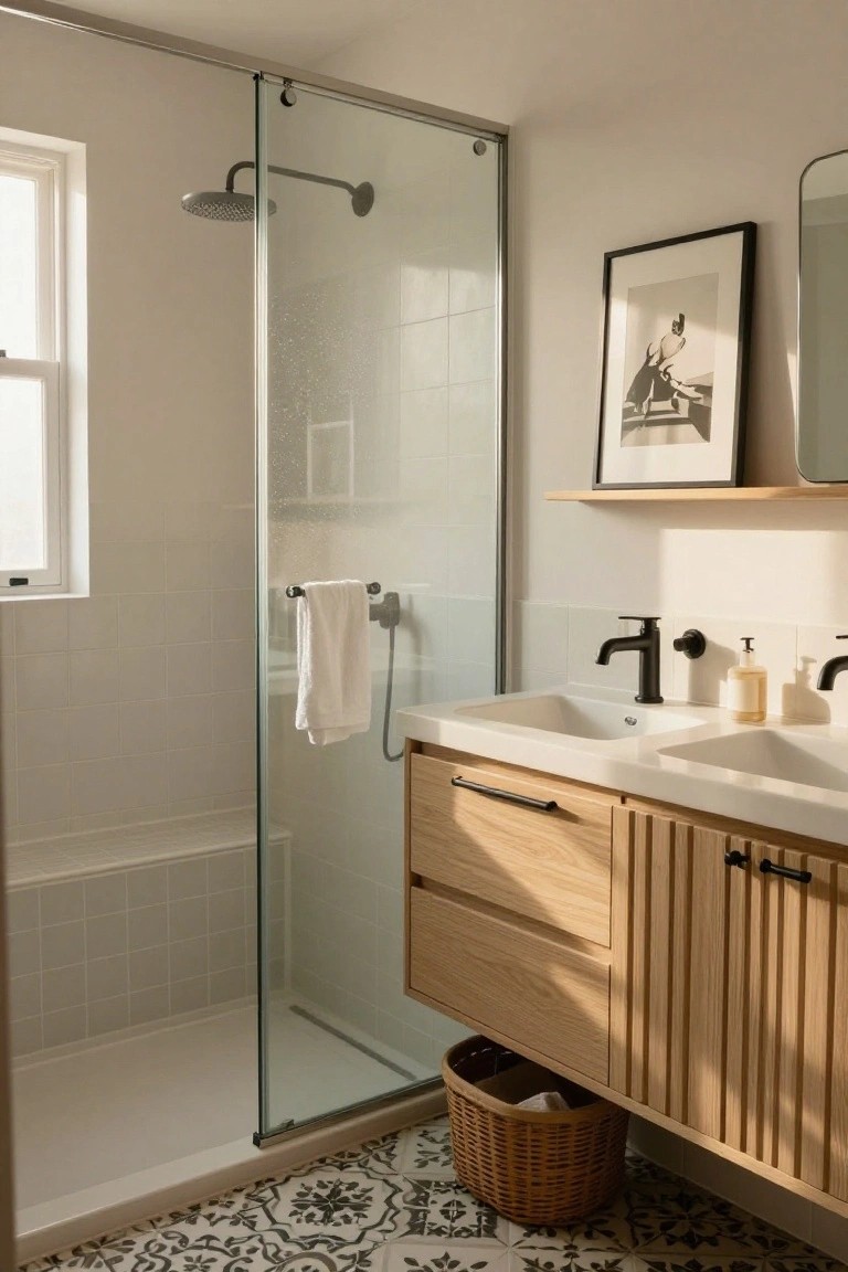 Compact modern bathroom with frameless glass shower enclosure, white subway tile walls, double white sink vanity topped by light oak slatted cabinetry, black faucets, and black-and-white patterned floor tiles.