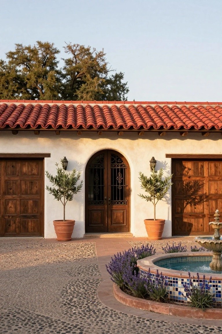 White stucco Spanish ranch house exterior with red tile roof, arched wooden entry door with wrought iron gate, wooden garage doors, potted olive trees, lantern lights, lavender plants around a tiled fountain, and gravel courtyard.
