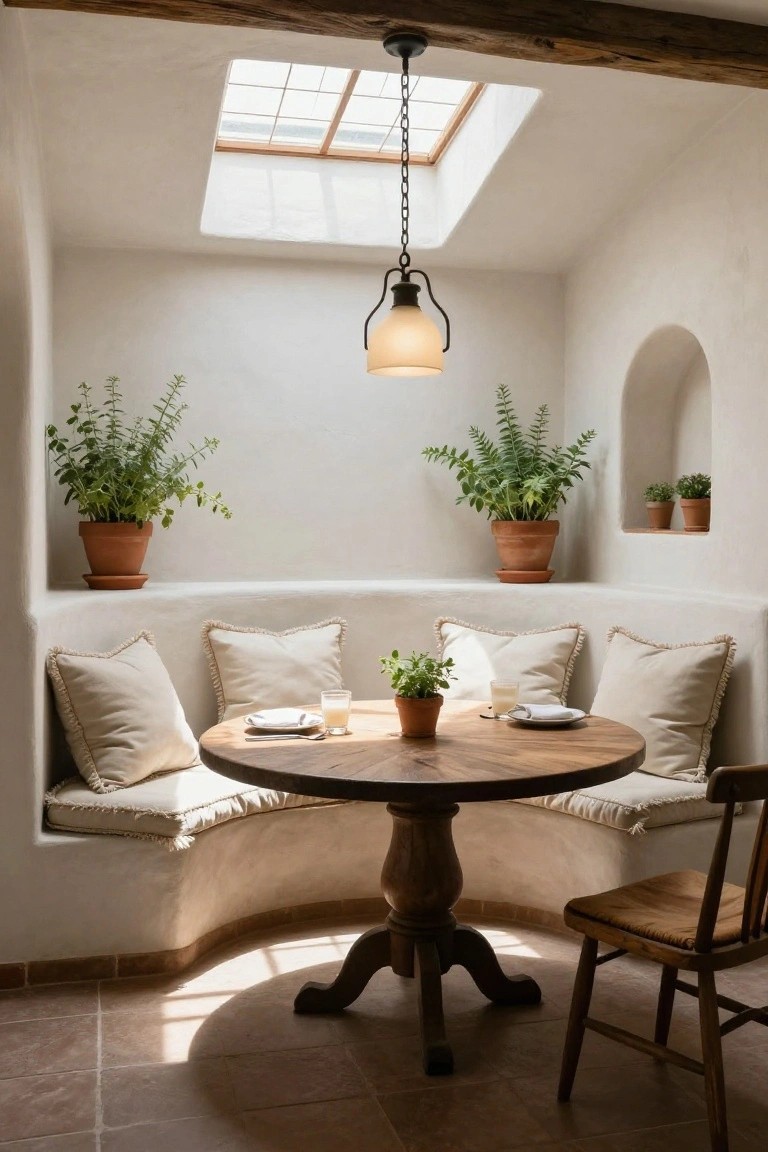 Curved white alcove with built-in beige banquette seating around a round wooden table set with plates and glasses, potted plants on walls and table, pendant light, skylight above, terracotta floor tiles.