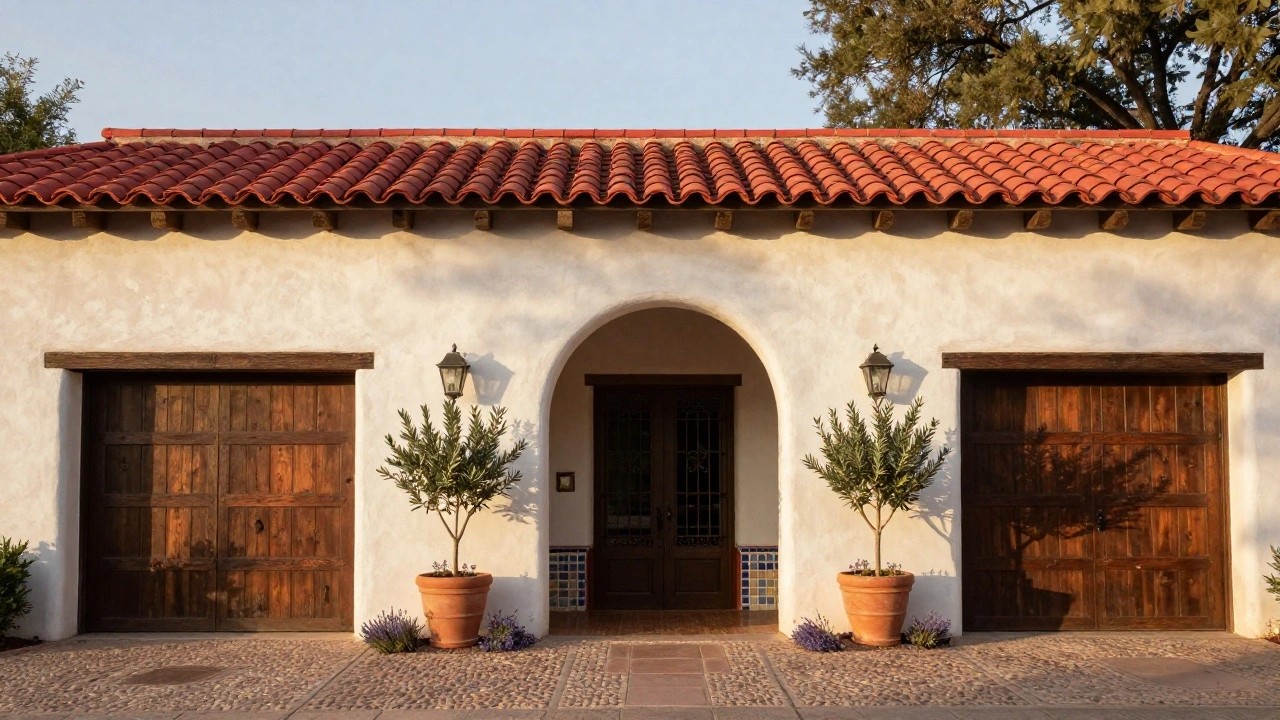 White stucco Spanish ranch house exterior with red tile roof, arched wooden entry door with wrought iron gate, wooden garage doors, potted olive trees, lantern lights, lavender plants around a tiled fountain, and gravel courtyard.