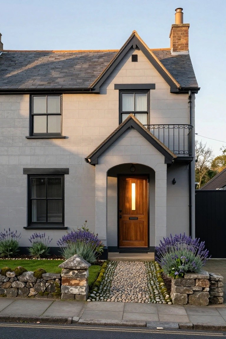 Gray block house exterior with black window frames and trim, slate roof, arched porch sheltering a wooden front door, lavender plants in beds, pebble pathway, and stone walls along the front yard.
