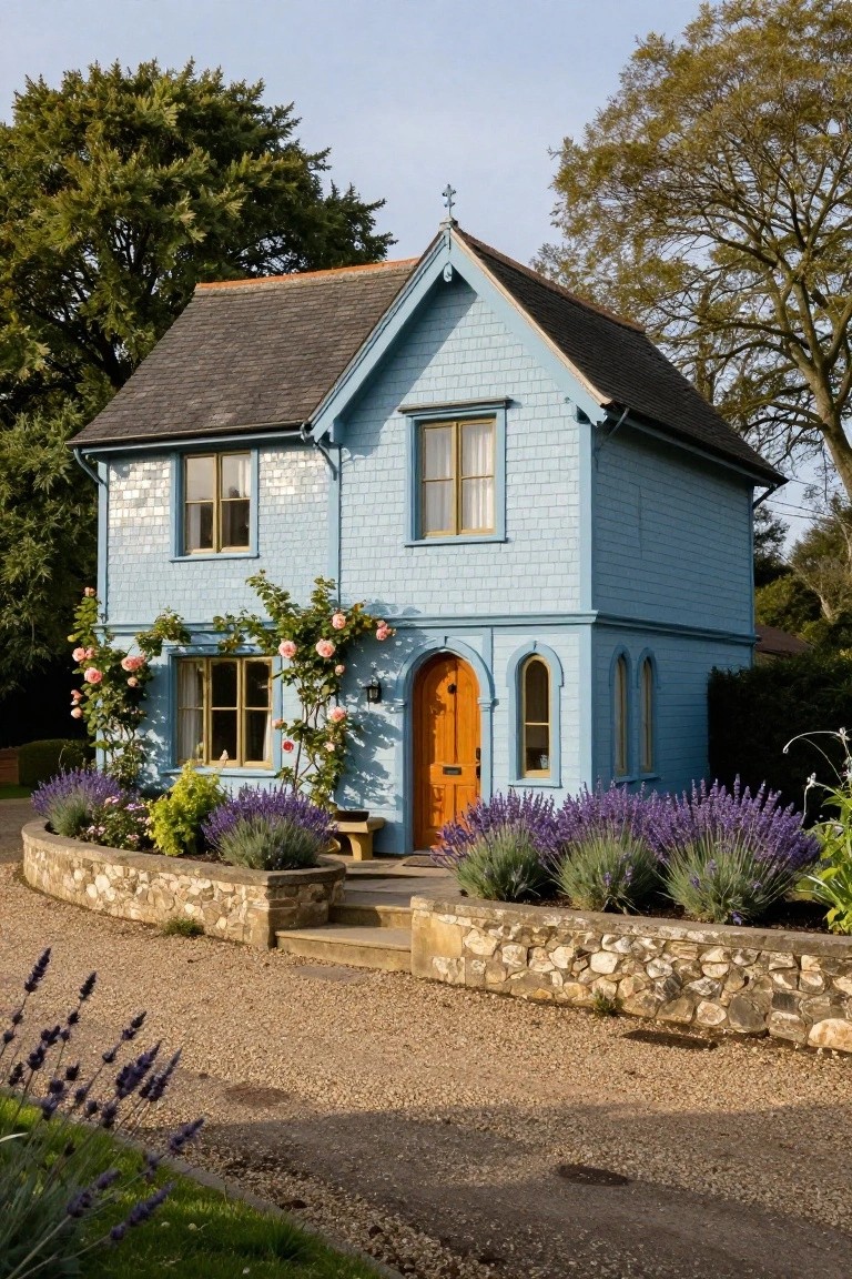 A small two-story blue shiplap cottage with gabled slate roof, pink climbing roses on the facade, arched orange front door, lavender plants in curved stone beds, and gravel driveway.