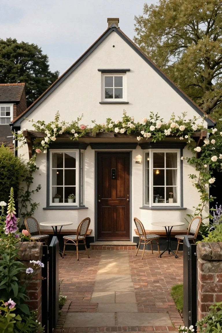White stucco cottage with gabled roof, climbing white roses over wooden pergola above dark wooden front door and bay windows, outdoor bistro tables and chairs on brick patio, surrounded by flower beds and trees.