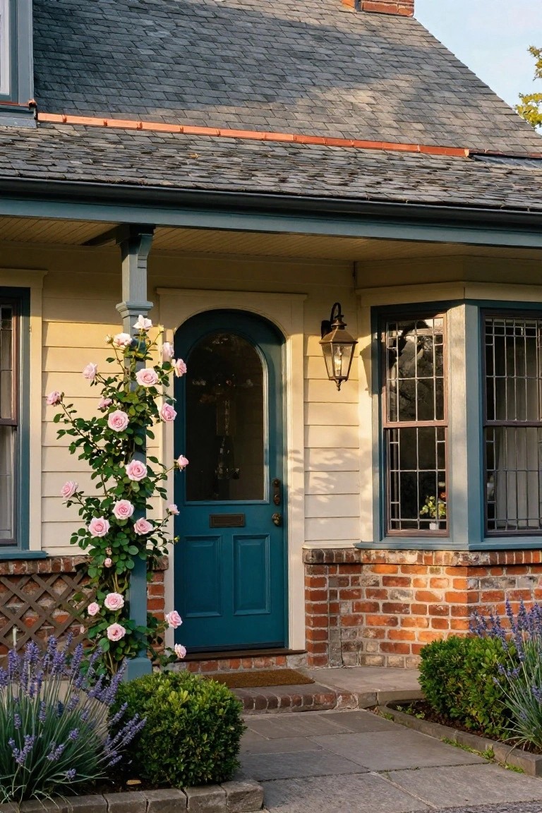 Cream house exterior with teal arched front door, pink climbing roses on porch column, lantern light, leaded bay window, brick base, lavender plants, and boxwoods at entry steps.
